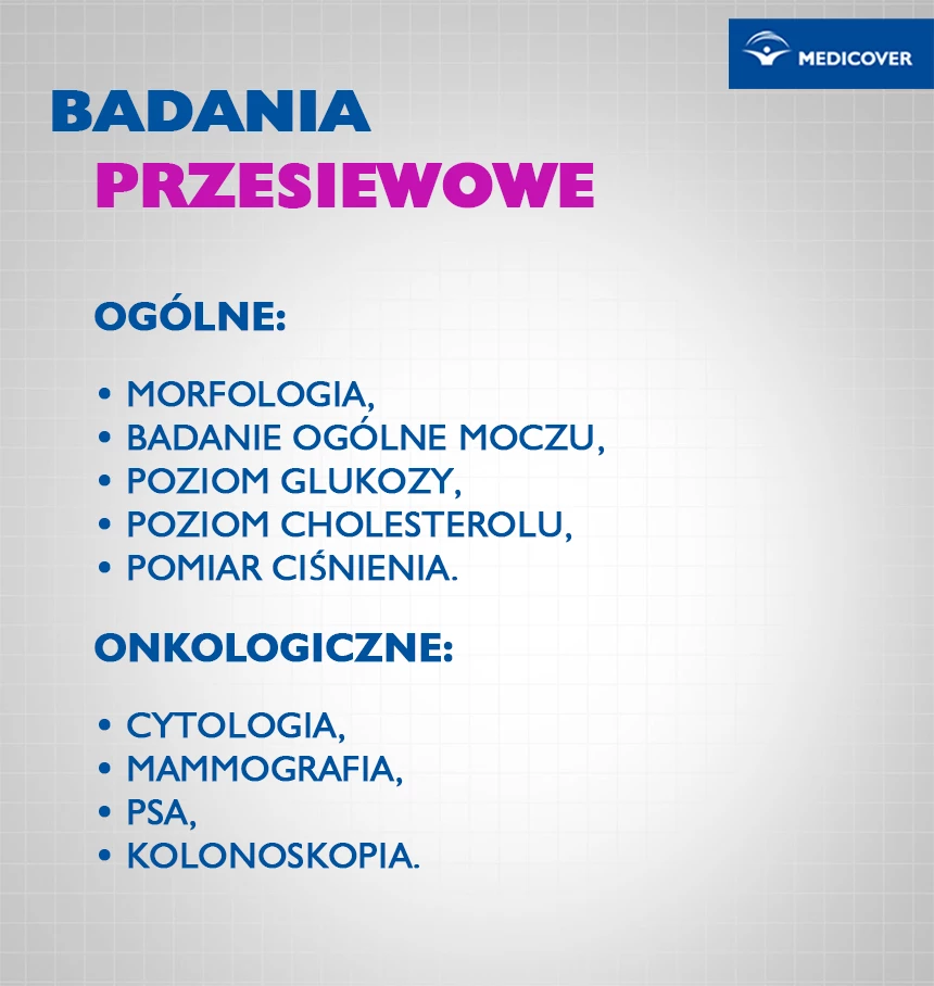 Badania skriningowe w kierunku raka piersi, szyjki macicy, prostaty czy jelita grubego.