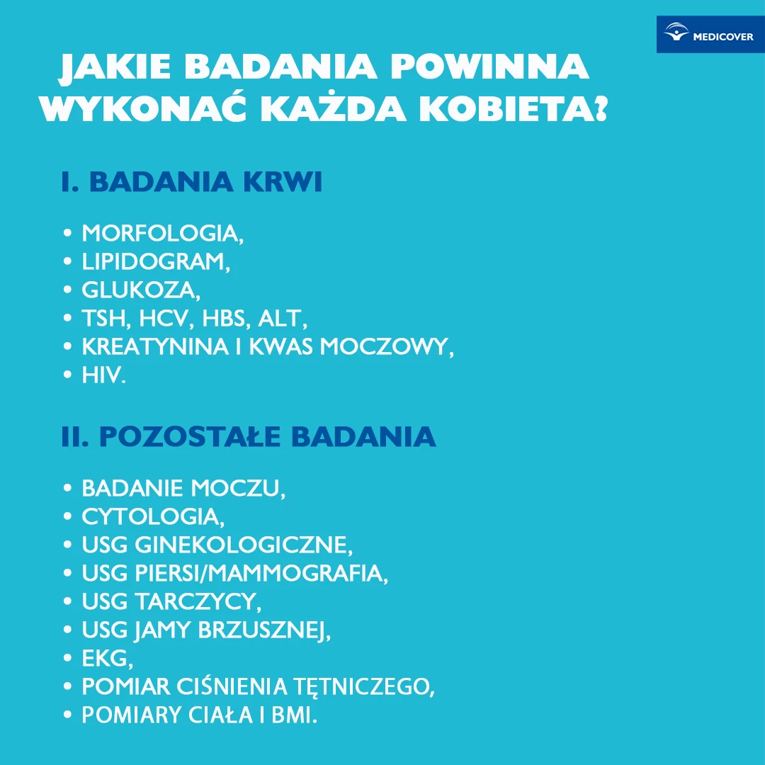 Morfologia krwi, OB, oznaczenie stężenia glukozy we krwi, trójglicerydów, ogólne badanie moczu czy samobadanie piersi to tylko podstawowe badania laboratoryjne dla kobiet, które pozwolą na ocenę stanu zdrowia kobiety oraz wczesne wykrycie chorób. Uzyskane wyniki badań należy zawsze skonsultować z lekarzem.