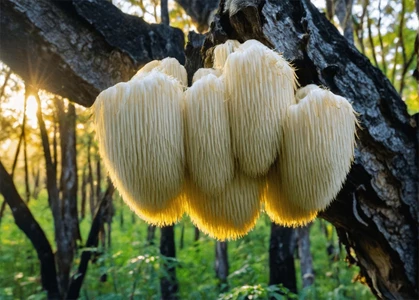 Soplówka jeżowata (Hericium erinaceus) rosnąca na martwym drzewie – naturalne występowanie grzyba lwia grzywa