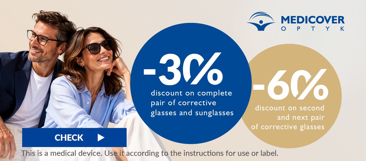 -30% discount on complete pair of corrective glasses or sunglasses. -60% discount on second and next pair of corrective glasses