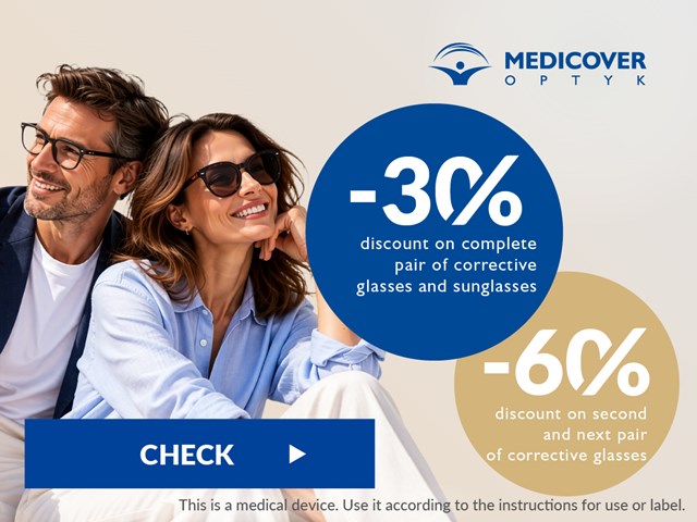 -30% discount on complete pair of corrective glasses or sunglasses. -60% discount on second and next pair of corrective glasses