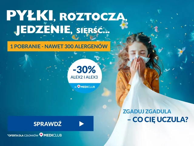 Pyłki, roztocza, jedzenie, sierść... 1 pobranie - nawet 300 alergenów. Zniżka 30% na Alex2 i Alex3 z Mediclub