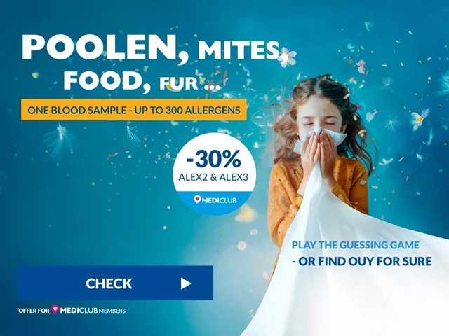 30% off on Alex 2 & Alex 3 with Mediclub. One blood sample - up to 300 allergens