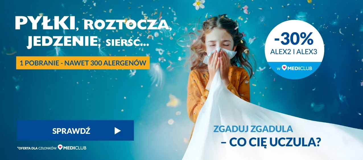 Pyłki, roztocza, jedzenie, sierść... 1 pobranie - nawet 300 alergenów. Zniżka 30% na Alex2 i Alex3 z Mediclub