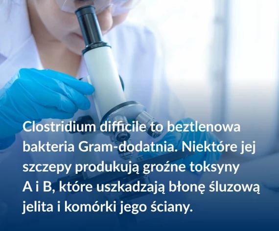 Clostridium difficile to beztlenowa bakteria Gram-dodatnia. Niektóre jej szczepy produkują groźne toksyny  A i B, które uszkadzają błonę śluzową jelita i komórki jego ściany.